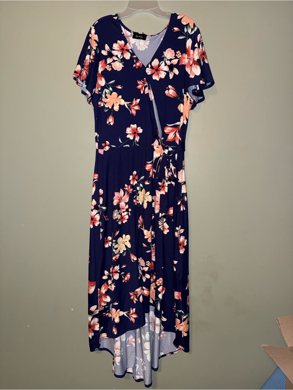 by & by Navy Floral High-Low Wrap Dress with Pink & Peach Blooms